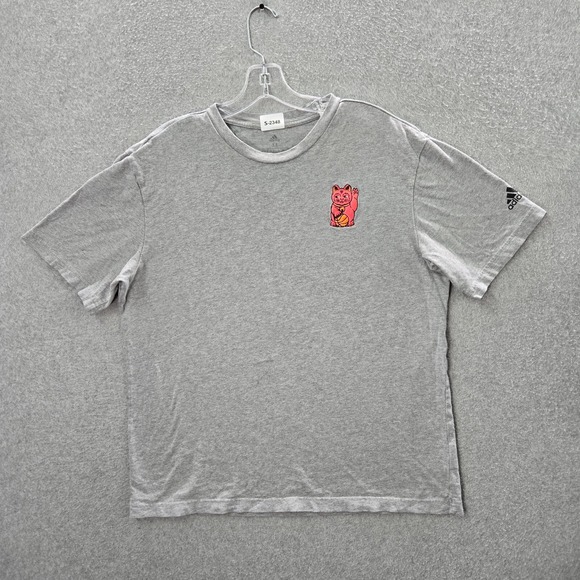 Adidas Men Shirt Medium Gray Logo Lucky Cat 3 Stripe Embroidered Tee - Picture 1 of 9